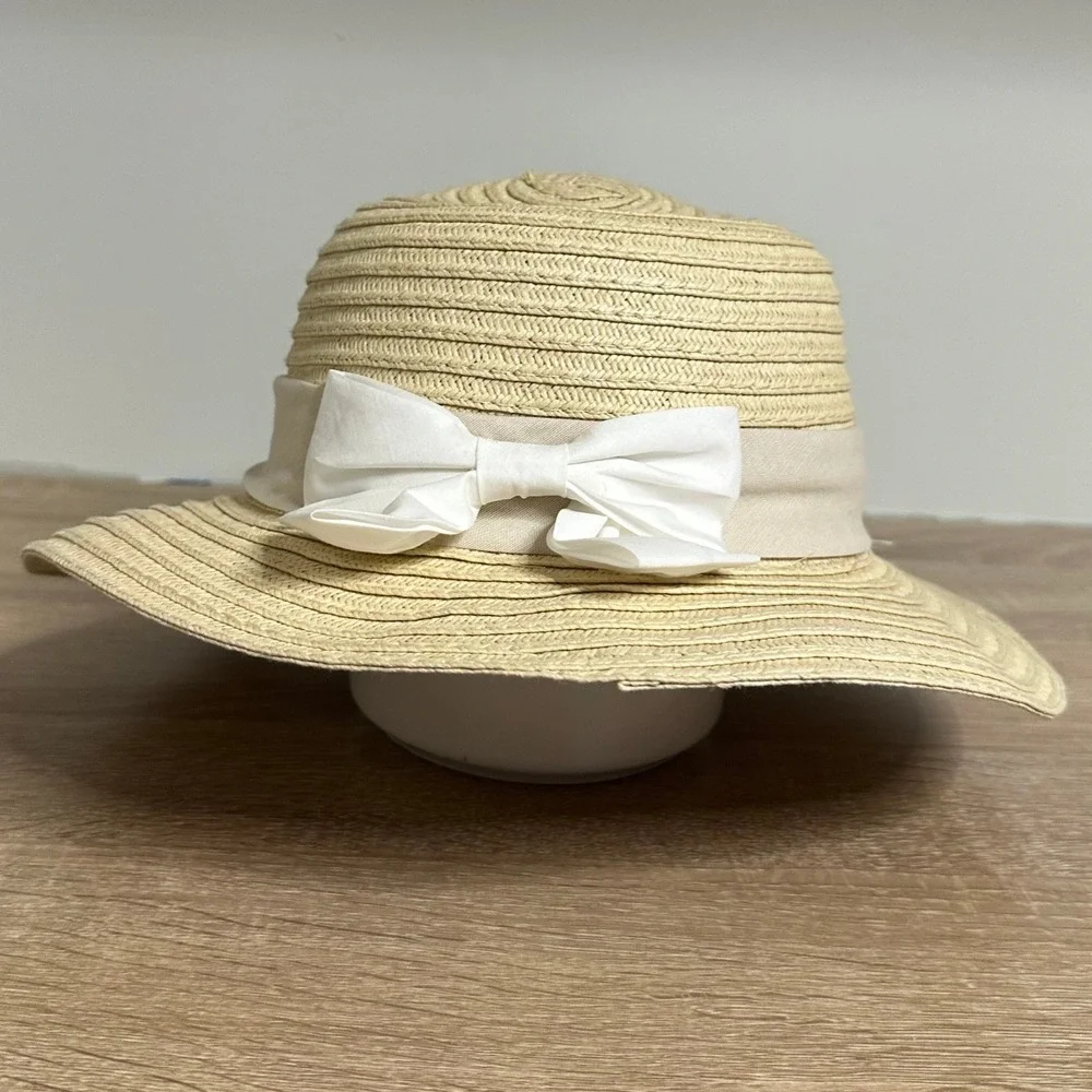 Catherine Malandrino Straw Sun Hat Womens‎ OS Beige White Bow Wide Brim Feminine